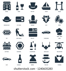 Elements Such As Tuxedo, Top hat, Dress, Cognac, Car, Gems, Limousine, Champagne, Cottage, Bowler Wine icon vector illustration on white background. Universal 25 icons set.