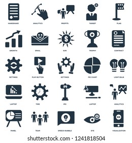 Elements Such As Visualization, Eye, Speech bubble, Team, Panel, Contract, Pie chart, Ipo, Laptop, Growth, Profits, Analytics icon vector illustration on white background. Universal 25 icons set.