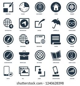 Elements Such As Volume, Smartphone, User, Pic, Mute, Sunglasses, Paper, Settings, Screwdriver, Navigation, Document, Clock icon vector illustration on white background. Universal 25 icons set.