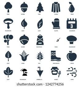 Elements Such As Wind, Honey, Umbrella, Mushroom, Leaf, Calendar, Rake, Rye, Pine, Acorn icon vector illustration on white background. Universal 25 icons set.