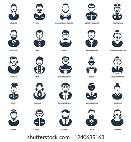 Elements Such As Woman, Man, Clerk, Geek, Nurse, Customer service, Businessman, Chef, Hipster, Basketball player, Man icon vector illustration on white background. Universal 25 icons set.