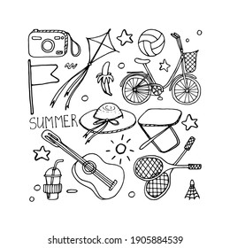 Elements with summer outdoor activities in doodle style. Bicycle, rackets, ball and other attributes of a summer holiday for the design of postcards.