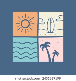 Elements of the summertime, summer beach vector illustration, surfing addict, design for t shirt, sticker, poster, etc