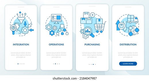 Elements of supply chain management blue onboarding mobile app screen. Walkthrough 4 steps editable graphic instructions with linear concepts. UI, UX, GUI template. Myriad Pro-Bold, Regular fonts used