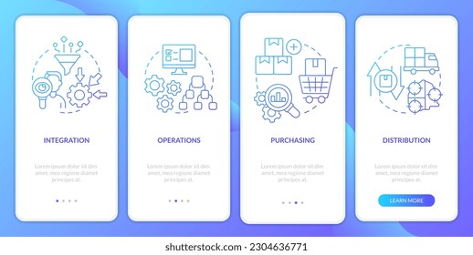 Elements of supply chain management blue gradient onboarding mobile app screen. Walkthrough 4 steps graphic instructions with linear concepts. UI, UX, GUI template. Myriad Pro-Bold, Regular fonts used