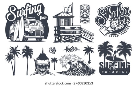 Elements of surfing culture including a surf van a lifeguard tower and tropical symbols. It highlights the excitement of surfing and beach life in a lively setting.