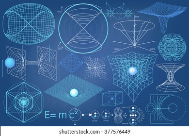 Elements, symbols and schemes of physics, chemistry and sacred geometry. The science theme. 