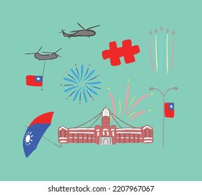 Elements of Taiwan nation day in vector flat illustration