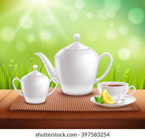 Elements of tea service composition with teapot sugar bowl and cup on wooden table vector illustration