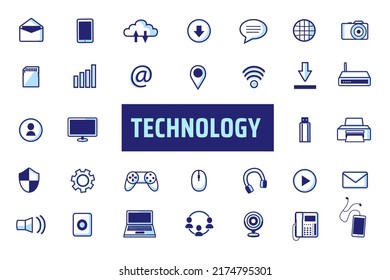 Elements, technology icons in linear style. Vector illustration.
Computer, cell phone, internet, etc.