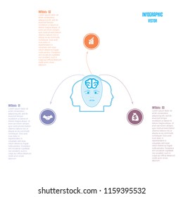  Elements for template. Brain storm infographics business concept for 3 options, parts, or processes. Arrows from head of the person, a place for the text.