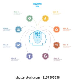 Elements for template. Brain storm infographics business concept for 8 options, parts, or processes. Arrows from head of the person, a place for the text.
