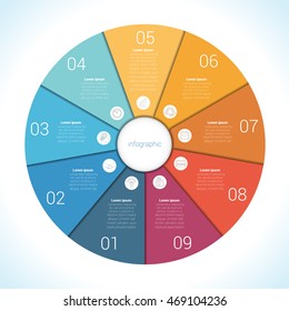 Elements For Template infographic nine position, steps, parts, with text area, colourful in the form of flower petals. Pie chart diagram data.