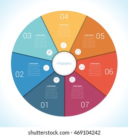Elements For Template infographic seven position, steps, parts, with text area, colourful in the form of flower petals. Pie chart diagram data. 
