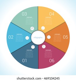 Elements For Template infographic six position, steps, parts, with text area, colourful in the form of flower petals. Pie chart diagram data. 