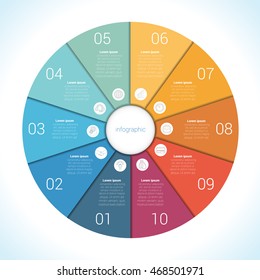 Elements For Template infographic ten position, steps, parts, with text area, colourful in the form of flower petals. Pie chart diagram data. 