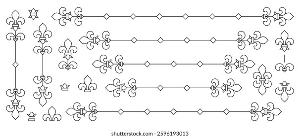 Elements of thin frame with heraldic lilies drawn with thin black outline. Vector illustration of stylish dividers for headings, paragraphs, essays, presentations on literature, history of royal.