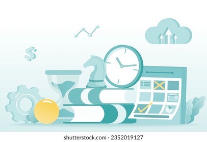 Elements of time management, meeting, agenda, assignment work, planning investment and plan adjustments. Flat vector design illustration.
