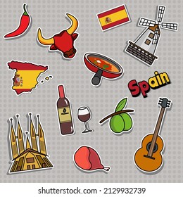 Elements of tourism, important sources of architecture  Food and national fauna of Spain. Vector sticker.