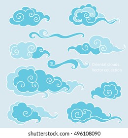 Elements of traditional oriental cloudy ornament in blue shades. Vector collection