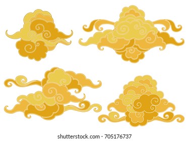 Elements of traditional oriental cloudy ornament in golden shades. Vector collection