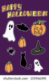 Elements of a typical halloween including ghosts, pumpkins, a witches hat,  a bat, a cat, and a spider.