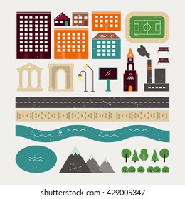 Elements of urban architecture and some natural objects. It can be used to create customized vector illustrations, maps, guidebook. The small town with a texture in vintage style.