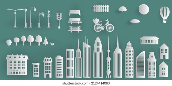 Elements of the urban environment in paper cut style.