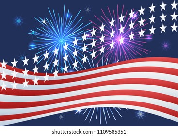 Elements of the US flag on the background of fireworks