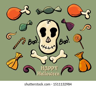 elements for use in design of invitations, flyers, postcards, posters, prints, stickers etc. set includes the lettering helloween, the words trick or treat, the title party, skull with hat, ghost