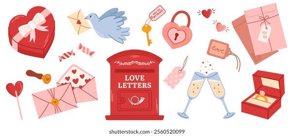 Elements for valentines day heart, gift, chocolate box, engagement ring, mailbox and mail. Romantic objects for stickers, greeting cards.