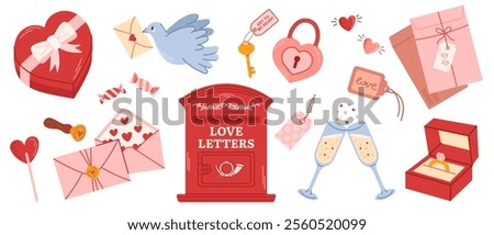 Elements for valentines day heart, gift, chocolate box, engagement ring, mailbox and mail. Romantic objects for stickers, greeting cards.