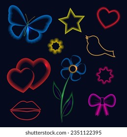 Elements for valentine's day, neon colors on dark background. Hearts, flower, bows, butterfly, lips. Vector ilustration.