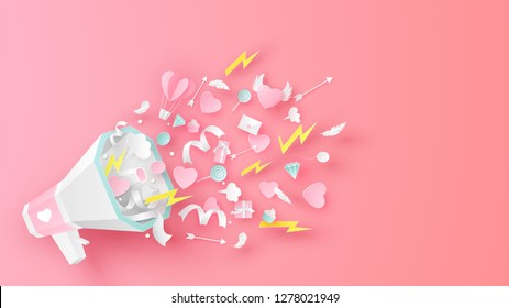 Elements of Valentine's Day splash out from megaphone. Graphic design for Valentine's festival. paper cut and craft style. vector, illustration.