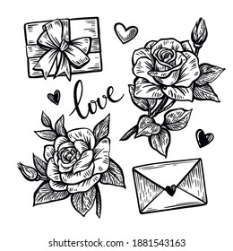 Elemente für den Valentinstag. Vektorgrafik im Vintage-Stil.