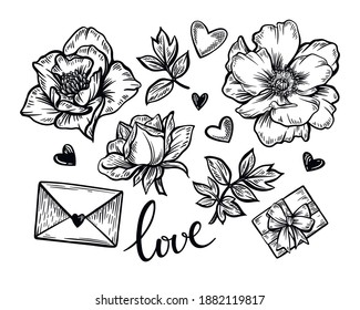 Elements for Valentine's Day. Vector illustration in vintage style.