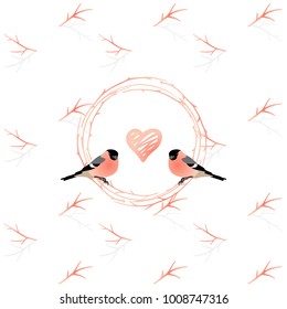Elements for valentines or other card design - branch frames, birds and hearts. Watercolor vector illustration isolated on white background. Soft pink color gamut.