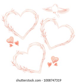 Elements for valentines or other card design - branch frames, birds and hearts. Watercolor vector illustration isolated on white background. Soft pink color gamut.