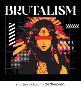 Elements and vector face images of a Mohawk girl for Brutalism style