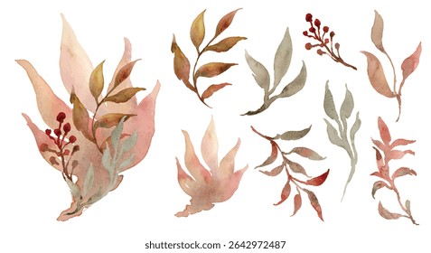 Elements vector of Leaves hand drawn watercolor. EPS file all elements isolated on transparent.
