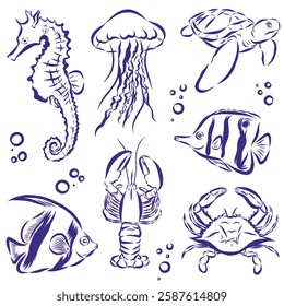 Elements vector of Sea life drawing isolated on white background.