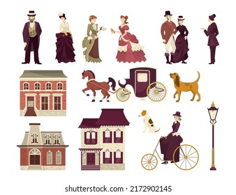 Elements of Victorian city vector illustrations set. Cartoon men and women in classic Victorian style costumes, buildings and transport isolated on background. History, architecture, fashion concept