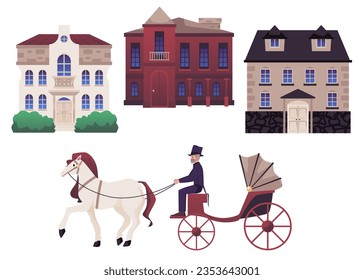 Elements of Victorian city vector illustrations set. Buildings and castles, transport, carriage with white horse isolated on white background. Historical architecture concept of 19th, 18th century svg
