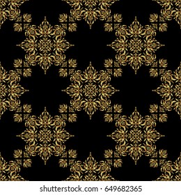 Elements in Victorian style on a black backdrop. Ornate decor for invitations, greeting cards, thank you message. Golden floral seamless pattern. Vector greed and vignette for design.