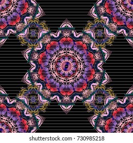 Elements in Victorian style on a black backdrop. Ornate decor for invitations, greeting cards, thank you message in violet, blue and red colors. Vector greed and vignette seamless pattern for design.