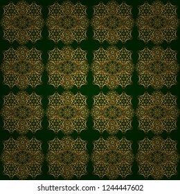 Elements in Victorian style on a green backdrop. Vector greed and vignette for design. Golden floral seamless pattern. Ornate decor for invitations, greeting cards, thank you message.