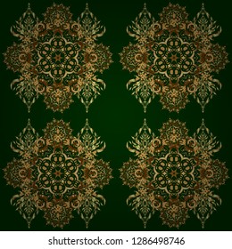 Elements in Victorian style on a green backdrop. Ornate decor for invitations, greeting cards, thank you message. Vector greed and vignette for design. Golden floral seamless pattern.