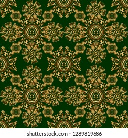 Elements in Victorian style on a green backdrop. Vector greed and vignette for design. Ornate decor for invitations, greeting cards, thank you message. Golden floral seamless pattern.