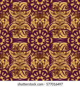 Elements in Victorian style on a purple backdrop. Vector greed and vignette for design. Ornate decor for invitations, greeting cards, thank you message. Golden floral seamless pattern.