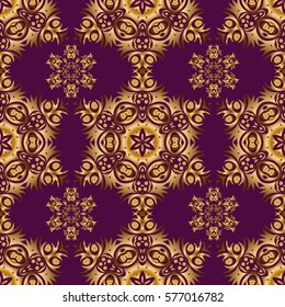 Elements in Victorian style on a purple backdrop. Ornate decor for invitations, greeting cards, thank you message. Golden floral seamless pattern. Vector greed and vignette for design.